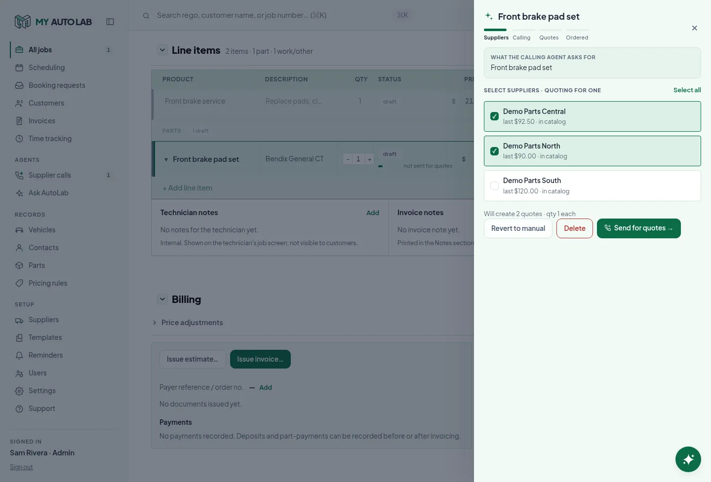 Workshop console: The part panel tracks each part through Suppliers, Calling, Quotes and Ordered.