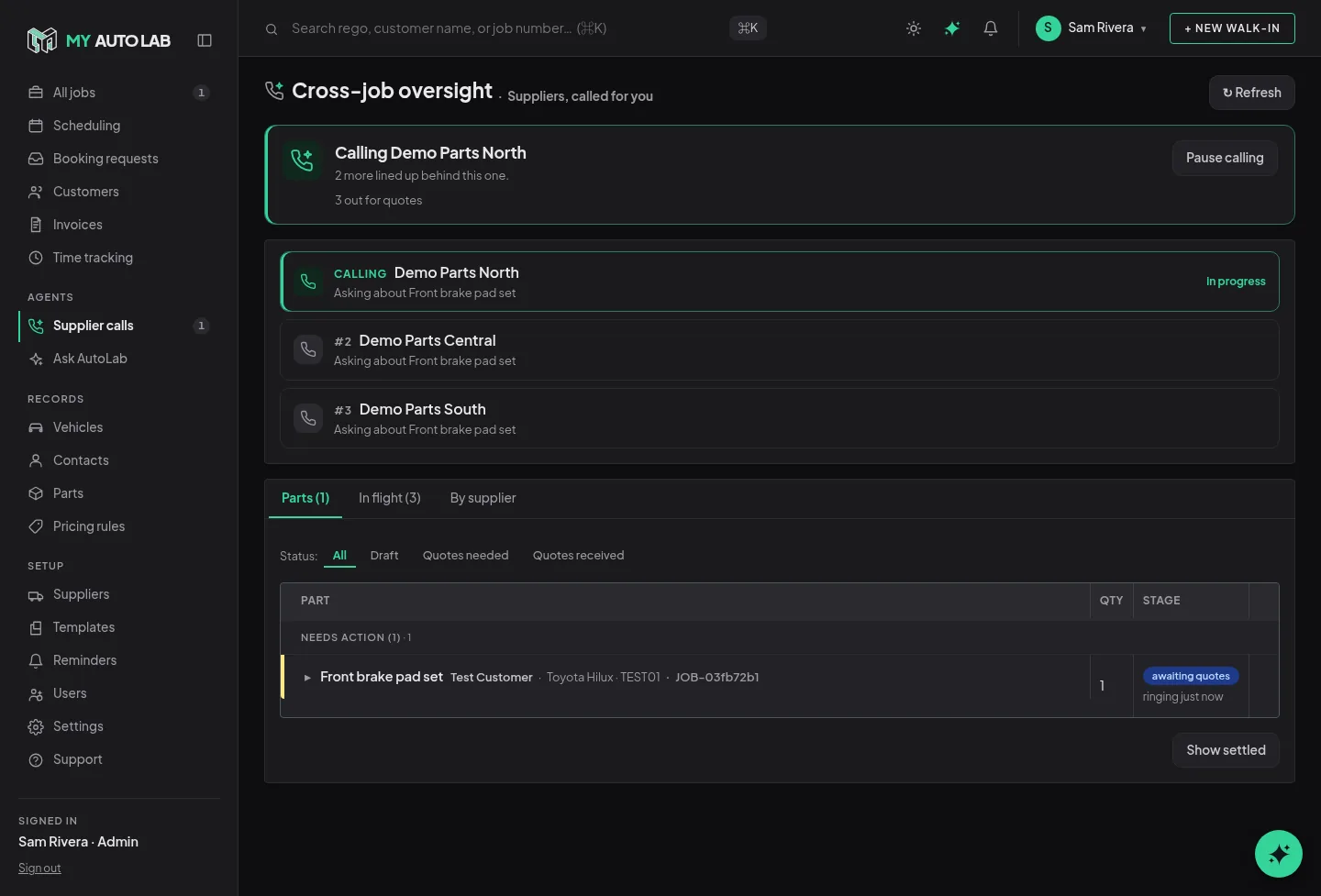 Workshop console: Supplier calls: the live call queue across every job.
