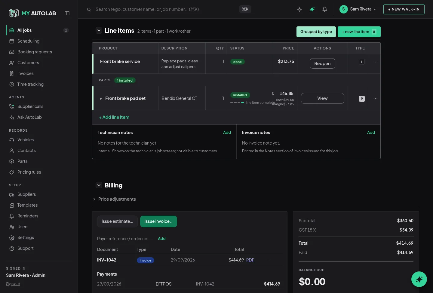 Workshop console: Line items, cost, margin and billing on one job page.